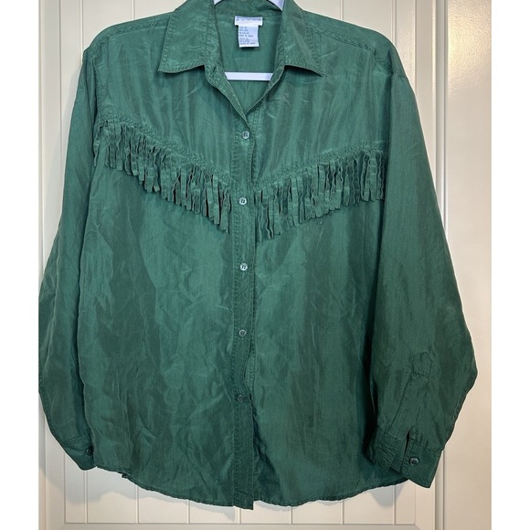 Vintage Backroad Blues 100% Silk green Fringe Western Rodeo Button Up Blouse S - Picture 1 of 5